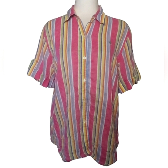 Lauren Ralph Lauren Multicolor Rainbow Stripe Linen Button Up Campshirt Large - Picture 1 of 8